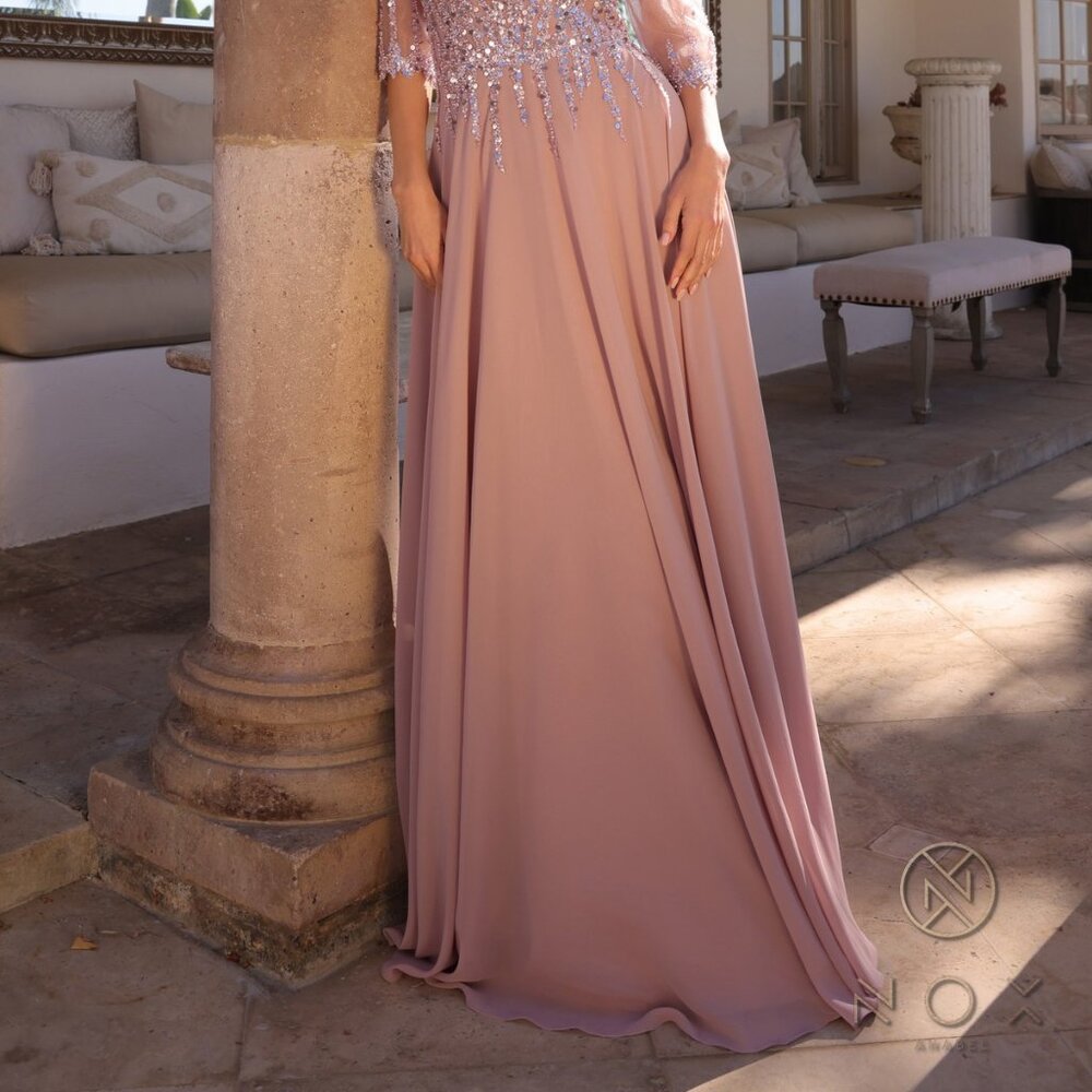 NEW LONG A-LINE MOB DRESS W/ 3\4 SLEEVES V-NECK & SEQUINS EMBROIDERY NX MF100 - Picture 5 of 8